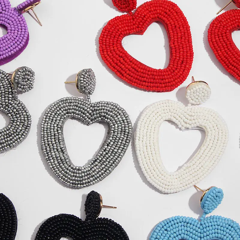 

JUST FEEL New Korean Jewelry Women Heart Beads Handmade Hanging Earrings Girl Summer Big Dangle Drop Earrings Party Statement