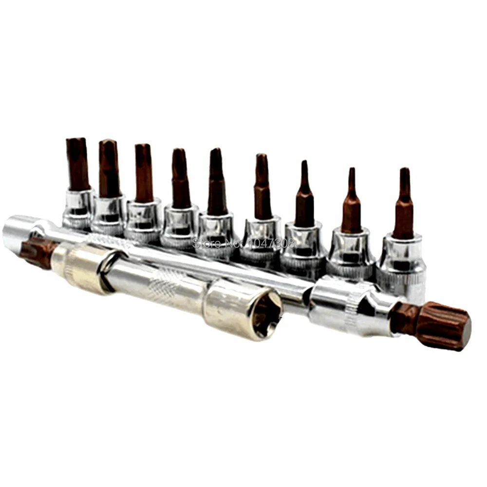 

11pcs Torx Bit Sockets 3/8"(10mm) Drive Screwdriver Bit Socket Screw Driver Bits T10-T60 + 2pcs 3/8" Drive Extension Bar 3" 6"