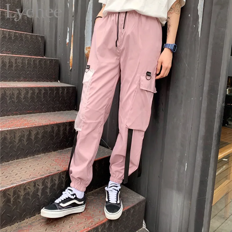 Женские брюки Lychee Harajuku с прозрачными карманами и лентой джоггеры высокой