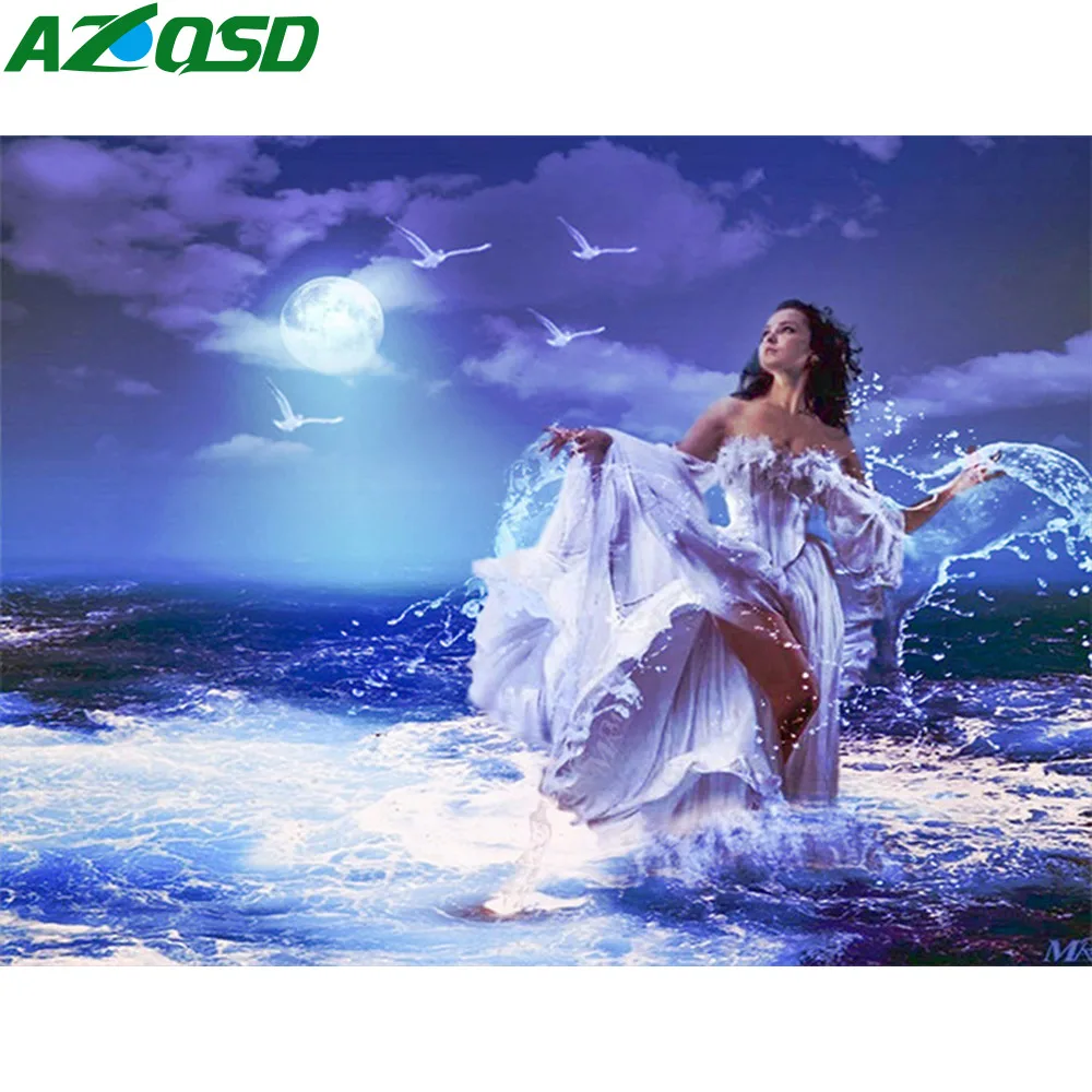 AZQSD алмазная живопись Ночная Ландшафтная мозаика с бриллиантами девушка морской пейзаж Вышивка крестиком Алмазная вышивка Стразы домашний декор