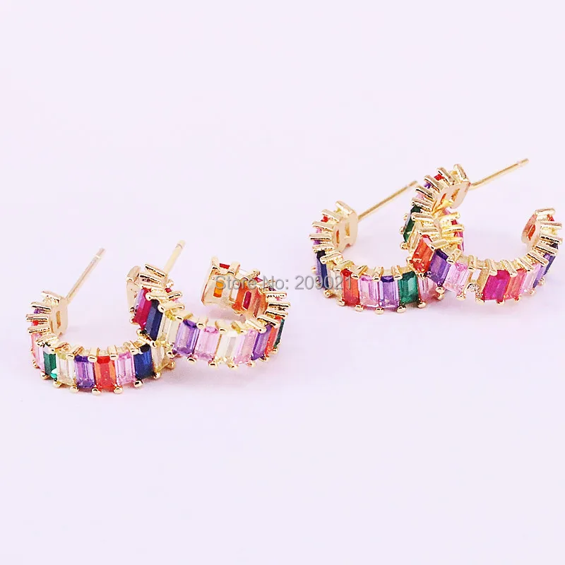 

5Pairs New Fashion Gold Color Rainbow CZ micro pave stud earring, Colorful zirconia half round earrings women jewelry
