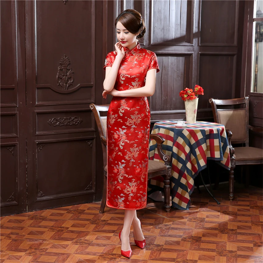

17Color Women Chinese Wedding Dress Cheongsam Traditional Satin Silk Red Print New Year Retro Prom Party Long Qipao S-6XL