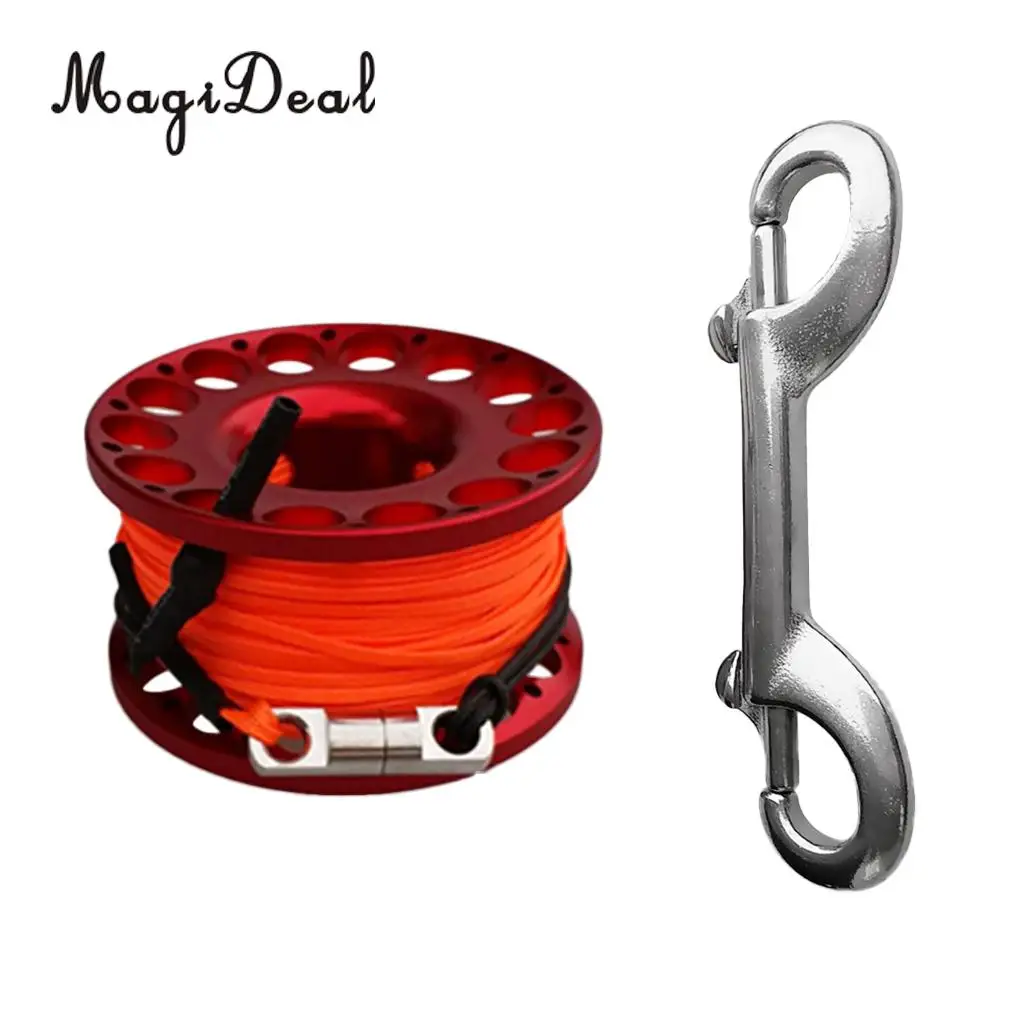 MagiDeal Red Aluminum Alloy Scuba Diving Finger Reel Spool with 15/30m Line Bolt Snap for Snorkeling Freediving Accessories