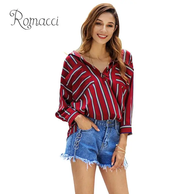 New Sexy Women Striped Print Blouse Buttons Turn Down