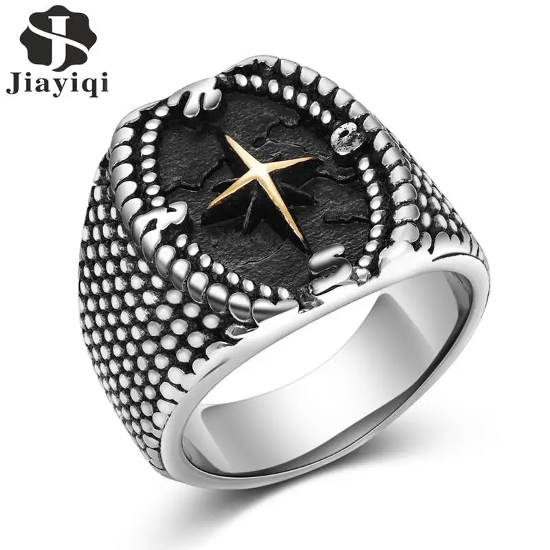 Jiyaiqi البوصلة تصميم خمر الفضة اللون الفولاذ المقاوم للصدأ حلقة الذكور مجوهرات لنا حجم