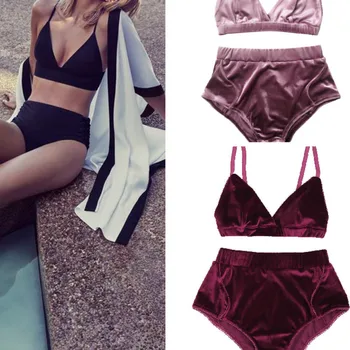 

2019 Sexy Women High Waist Velvet Bralette Underwear Panties Soft Bra set Women Girl Underwear Bra Solid Color 2 pieces Set