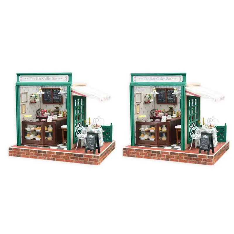 

DIY Wooden Doll House Toys Mini Coffee Bar Dollhouse LED Light Manual Creative Model Furniture Building Blocks Toys for Kid Gift