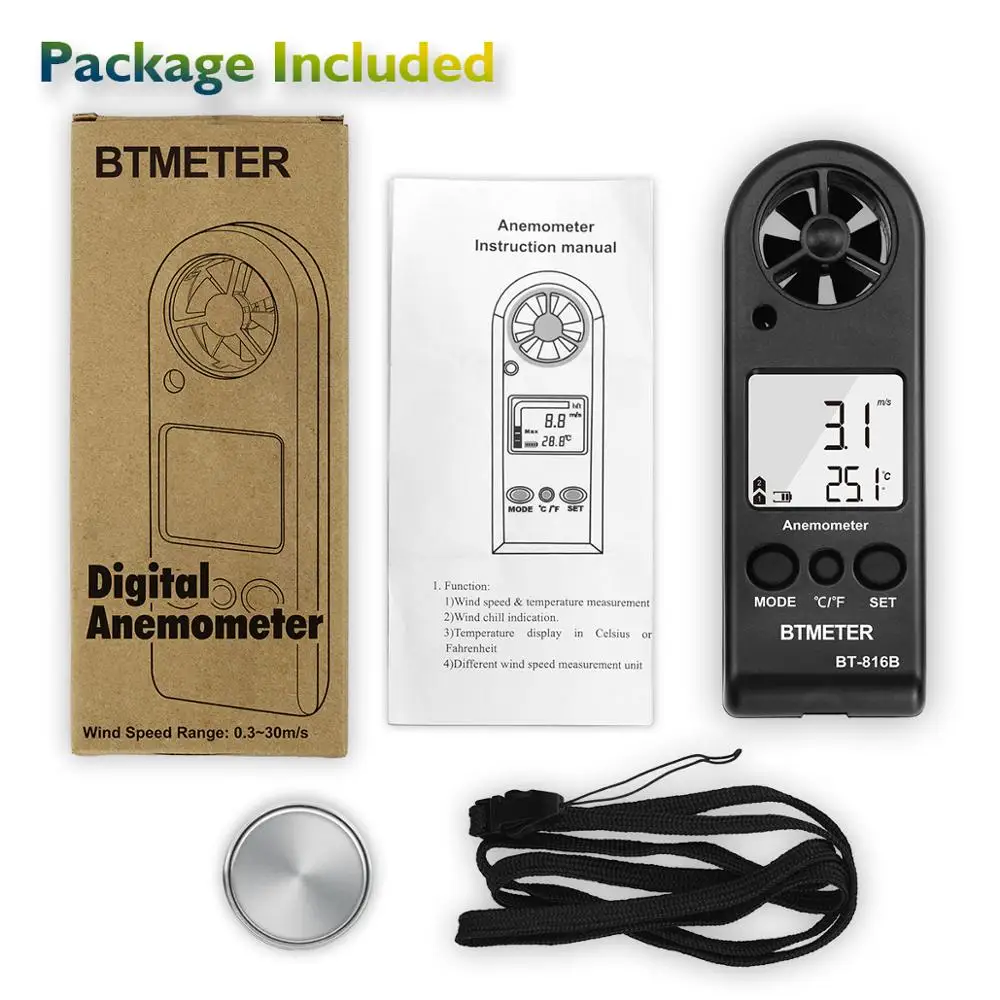 BTMETER BT-816B Анемометр Скорость ветра ручной цифровой измеритель скорости ветра переносной Анемометр Датчик скорости ветра с термометром