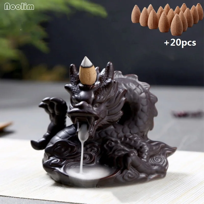 NOOLIM Traditional Chinese Dragon Incense Holder Porcelain Backflow Incense Burner Smoke View