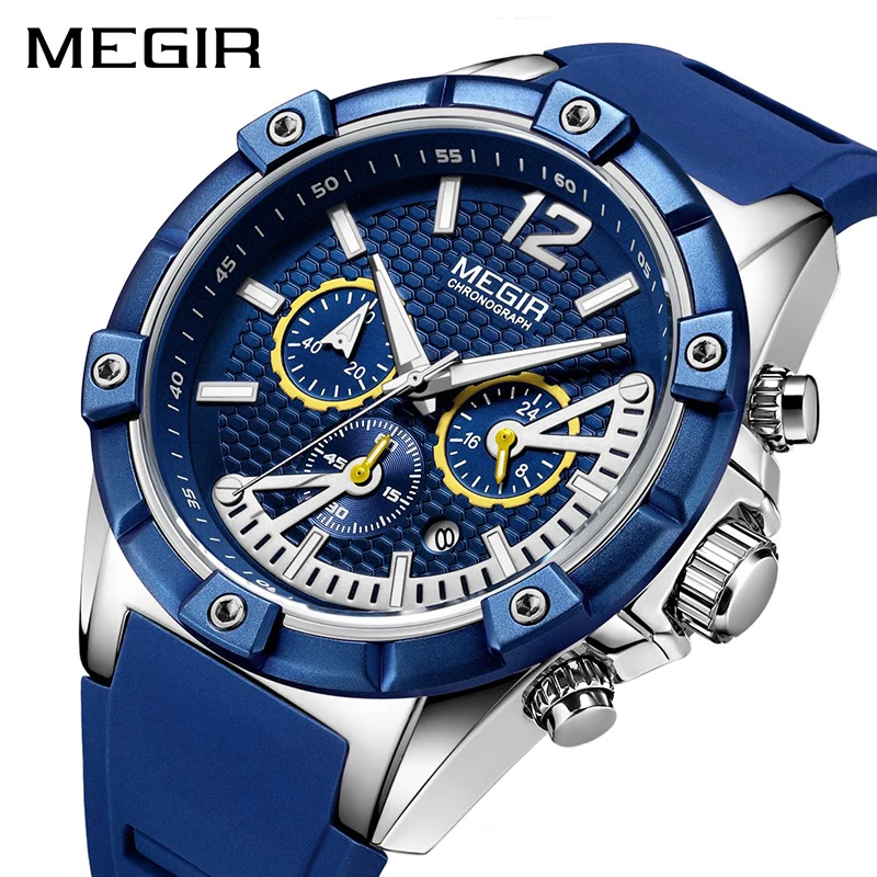Kaufen MEGIR Chronograph Sport Männer Uhr Silikon Kreative Quarz Uhren Männer Uhr Stunde Armee Military Armbanduhren Relogio Masculino