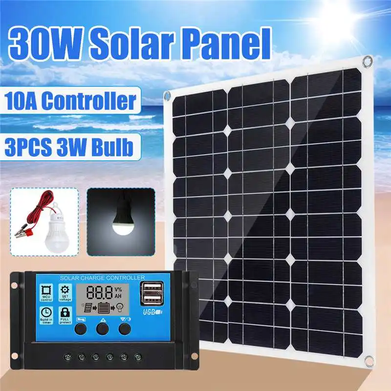 

30W Solar Panel 18V+12/24V 10A USB controller+3PCS 3W 12V Led Light Solar Charger Battery for Car Boat Solar System kits
