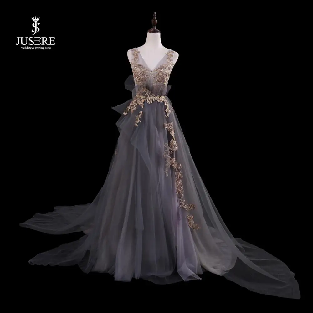

JUSERE Gray A-Line V-Neck Sleeveless See Through Sweep Train Lace Embroidery Beaded Long Evening Dress Formal Gowns