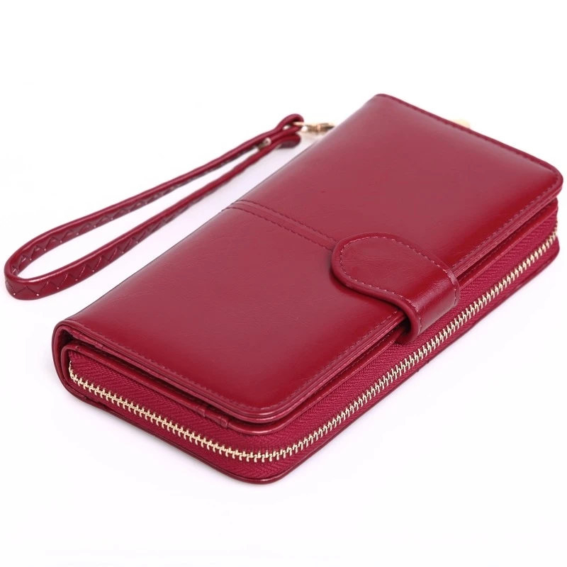 

Women Oil Wax Pu Leather Wallet Long Zipper Phone Bag Female Oil Skin Big Money Clip Card Package