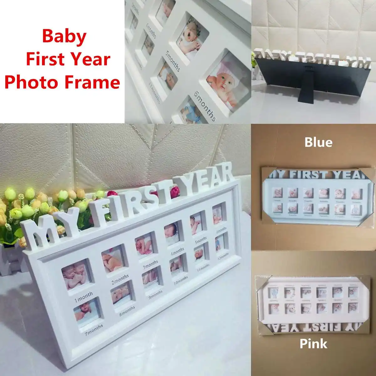 Marco de fotos de bebé lindo DIY estampado a mano o huella de 12 meses marco de fotos de bebé niño niña mi 1 año blanco decoración Para el hogar rosa azul