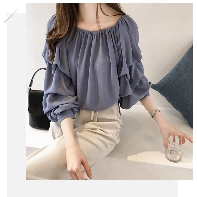 

High Quality Women Solid Chiffon Shirts Elastic Slash Neck Loose Blouses Autumn Puff Sleeve Casual Tops