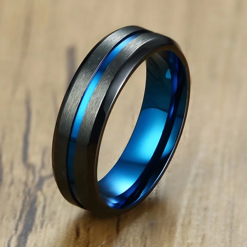 6MM Mens Ring Black Brushed Stainless Steel with Blue IP