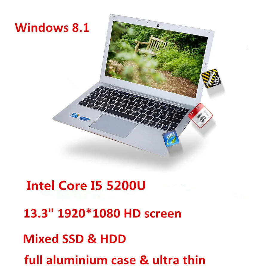 13,3 дюймов Core I5 5200U ноутбук алюминиевый корпус 1920*1080 HD экран 4 Гб 500 Гб смешанный HDD и SSD USB 3,0