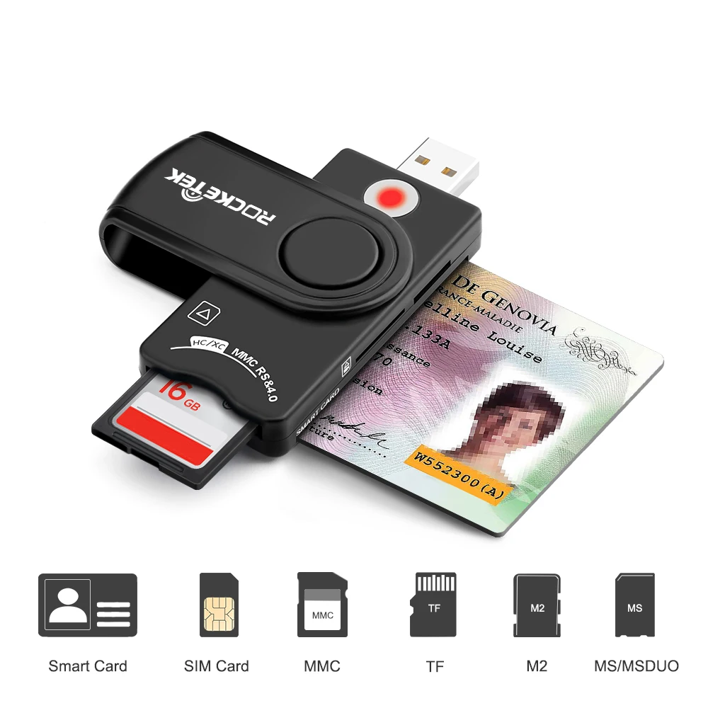 

Rocketek Multifunctional DOD Military CAC USB Smart Card Reader MMC/TF/M2/MS/SIM Storage Card Reader Compatible with Mac OS