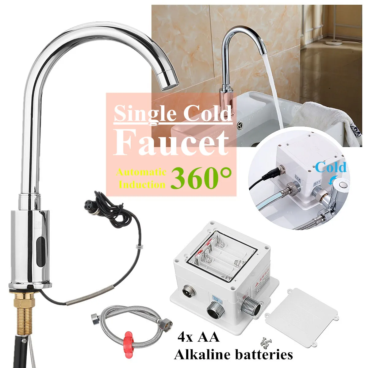 

Automatic Sensor Water Tap Single Cold 360Degree Swivel Faucet Basin Sink Mount Bathroom Fully-automatic Convent Chrome polished