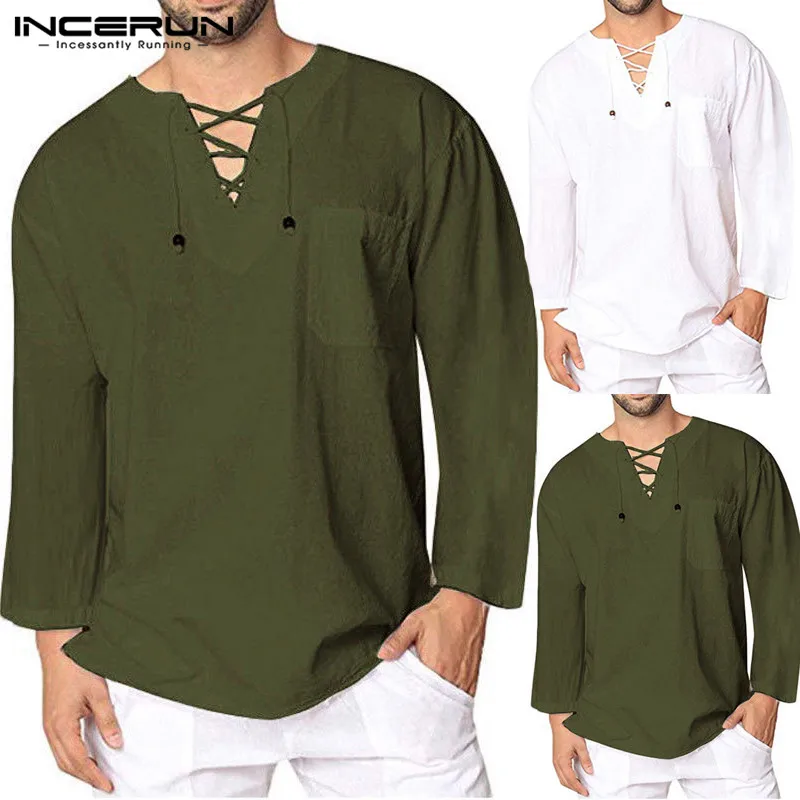 Streetwear Mens Shirts Bandage Lace Up V Neck Long Sleeve Tee Camisa Chemise Hombre Medieval Renaissance Fashion Men Clothing