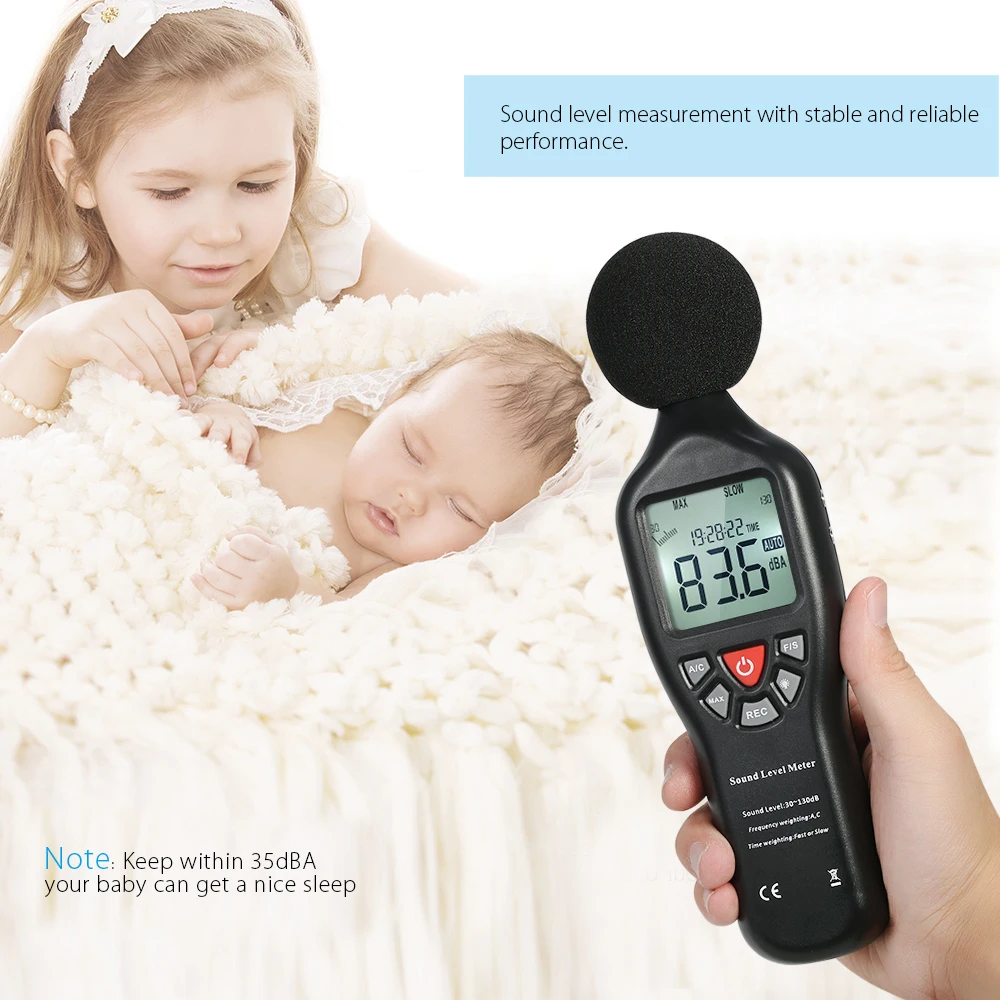

LCD Digital Sound Level Meter 30-130dBA Noise Measuring Instrument Decibel Monitoring Tester with Data Logging Function