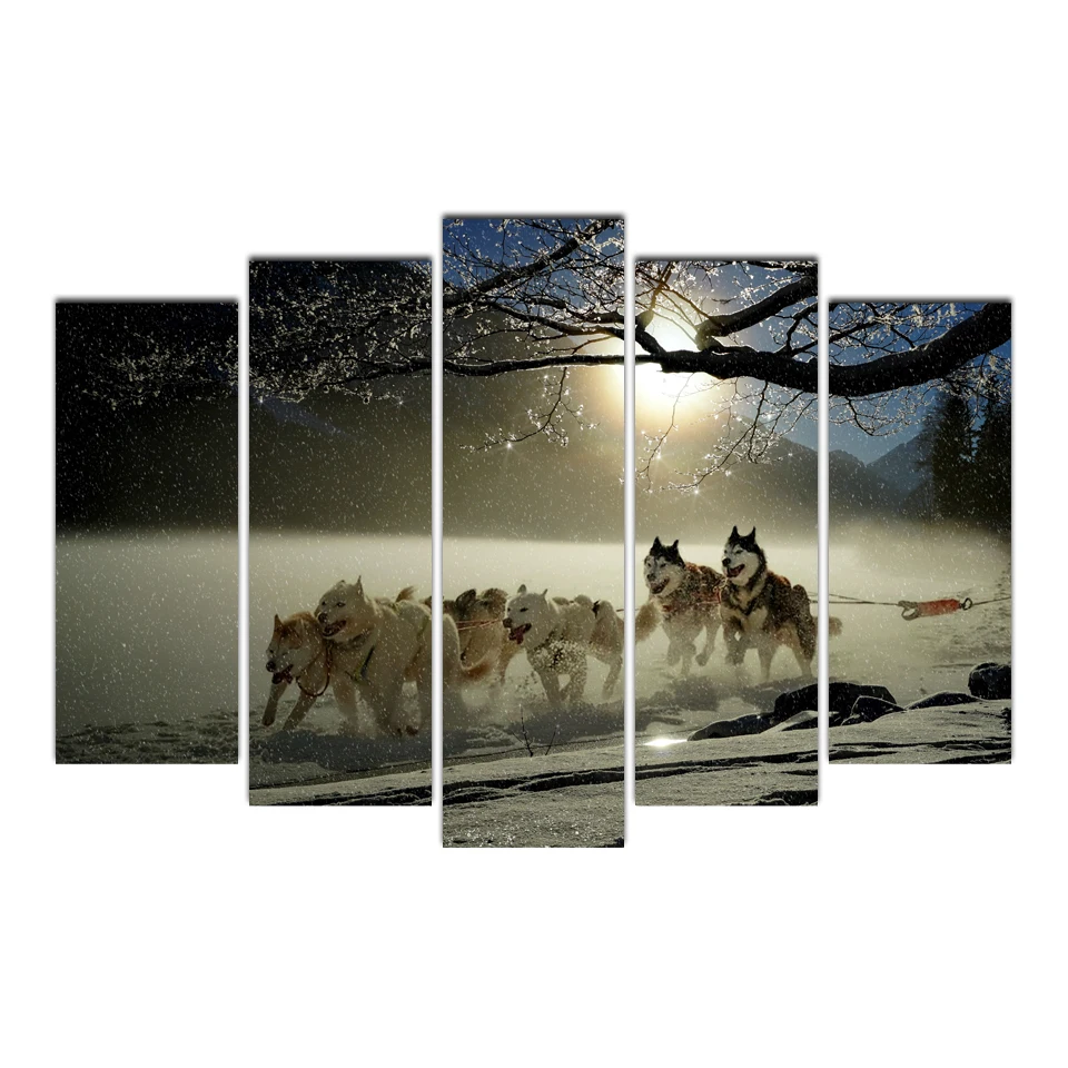 

Artwork HD Prints Home Decoration 5 Pieces winter and dogs Wall Art Living Room Pictures Canvas Painting Cairnsi Free Shipping