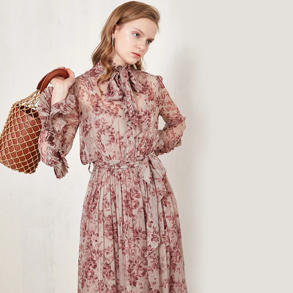 [LIVIVIO] Boho Цветочный Принт женское платье со стоячим кружевом и рюшами прерия шик