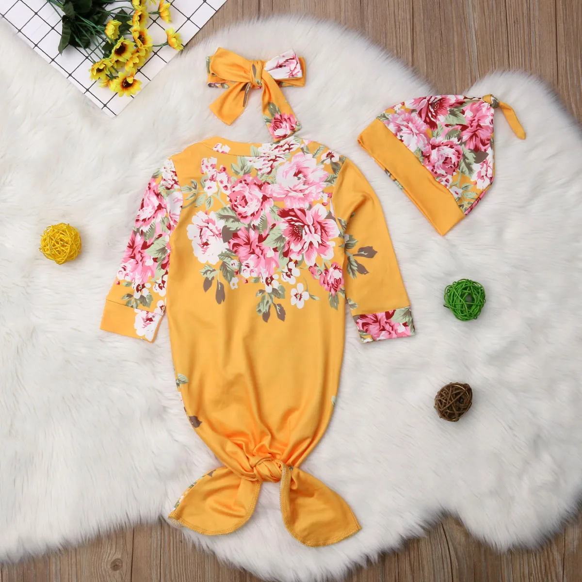 Newborn Baby Floral Swaddling Wrap Blanket Sleeping Bag Swaddle 3Pcs Set