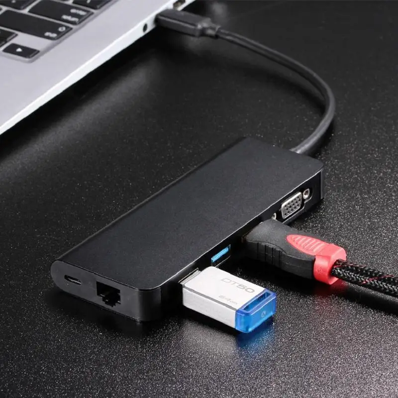

USB 3.0 Hubs 6 in 1 Type C Hub Type-C to HDMI VGA RJ45 Dual USB3.0 PD Charging Port Adapter Cable Converter for Laptop Macbook