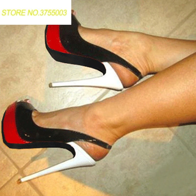 

Sexy Women Contrast Color Patched Patent Leather Pumps Ladies Red Platform Slingbacks Super High Heels Ladies Party Pumps Shoes