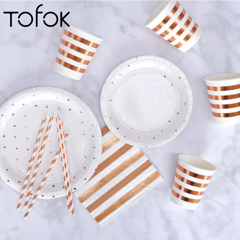 

Tofok Paper Cake Tray Europe Gilding Disposable Party Tableware Dish Plate Polka Dot Stripe Rose Gold Baby Shower Favors Decor