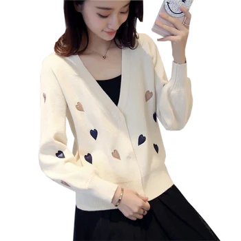 

Vintage V-Neck Women Knit Sweater Short Print Heart Cardigans Sweaters Spring Casual Knit Black Beige Sweater Cardigans RE0244