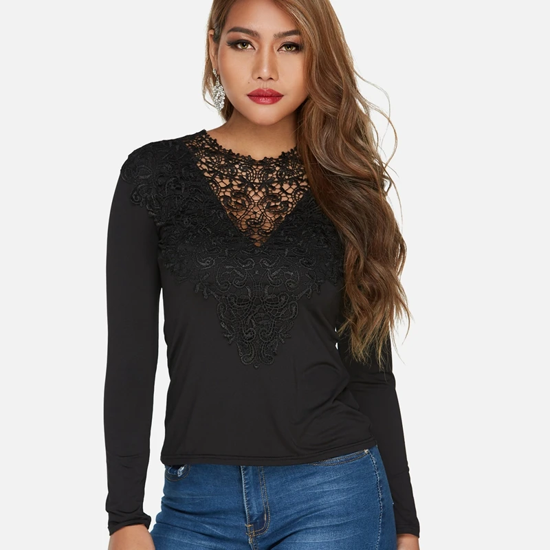 Для женщин выдалбливают Lace-up Blouse рубашки привлекательное кружевное вязаное v-образным вырезом одежда с длинным рукавом Топы Повседневное Т...