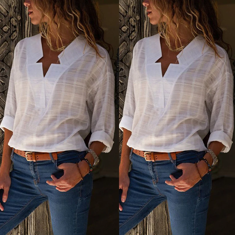 

Women New Fashion Ladies Girls Loose Casual Cotton Linen Blouse Long Sleeve Tops Sheer Button Down Shirt V Neck Daily Clothes