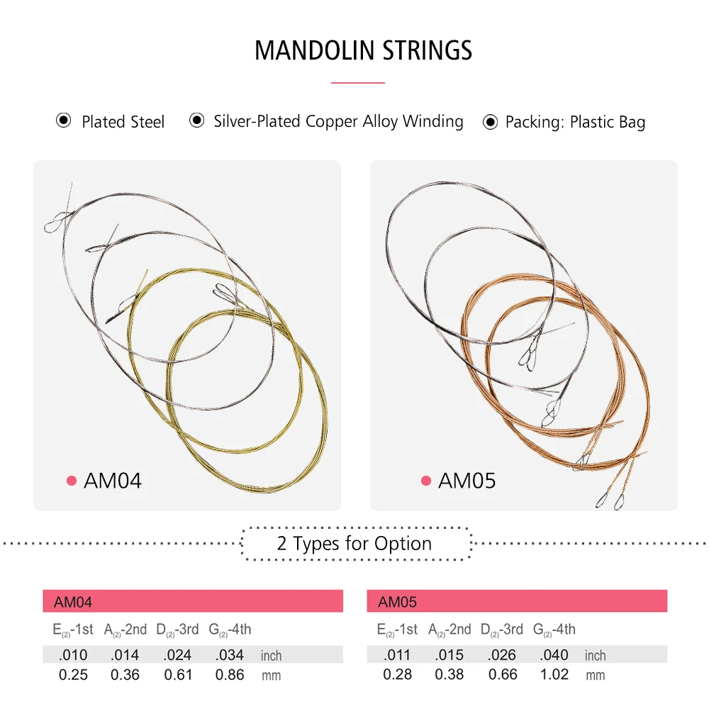 

Alice AM05 5pcs Mandolin Strings Set(E-A-D-G) Mandolin String Plated Steel Coated Copper Alloy Winding (.011-.040)