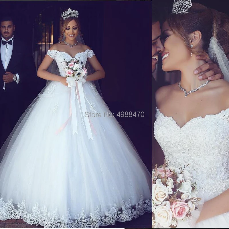 

Dubai Arabic Off The Shoulder Lace Wedding Dress V-neck Short Sleeves Bridal Gowns Vestido De Novia Appliques Wedding Dresses