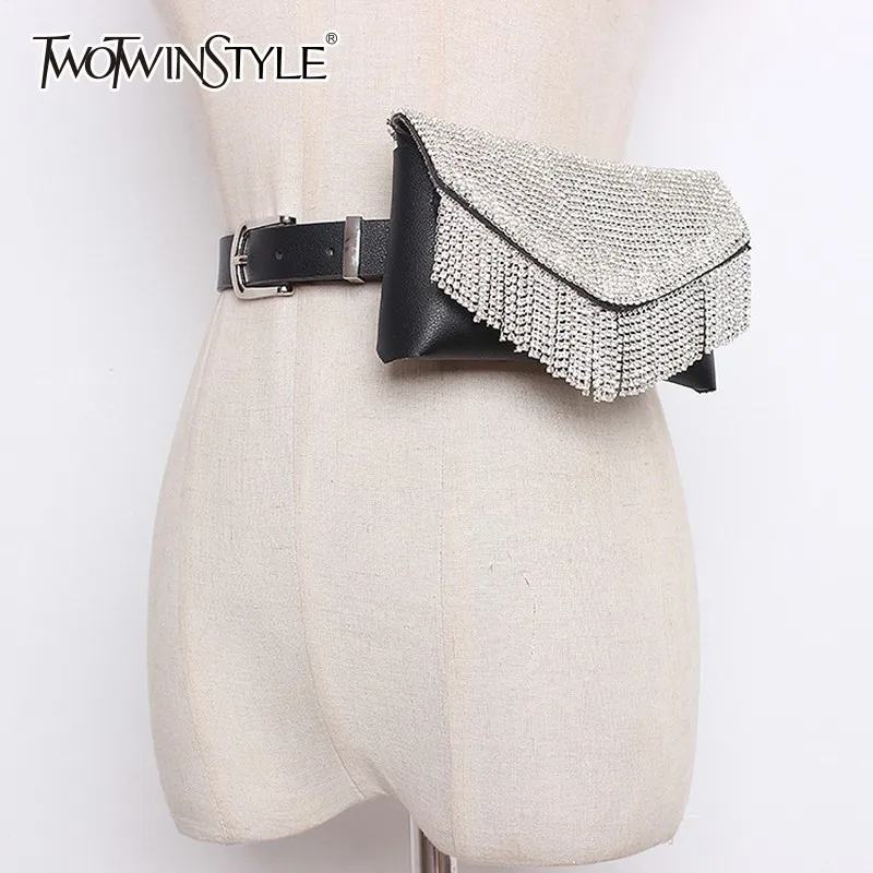 

TWOTWINSTYLE Women's Belt For Dresses Patchwork Fur Diamond Small Pocket PU Leather Belt Female Accessories Fashion Tide 2019