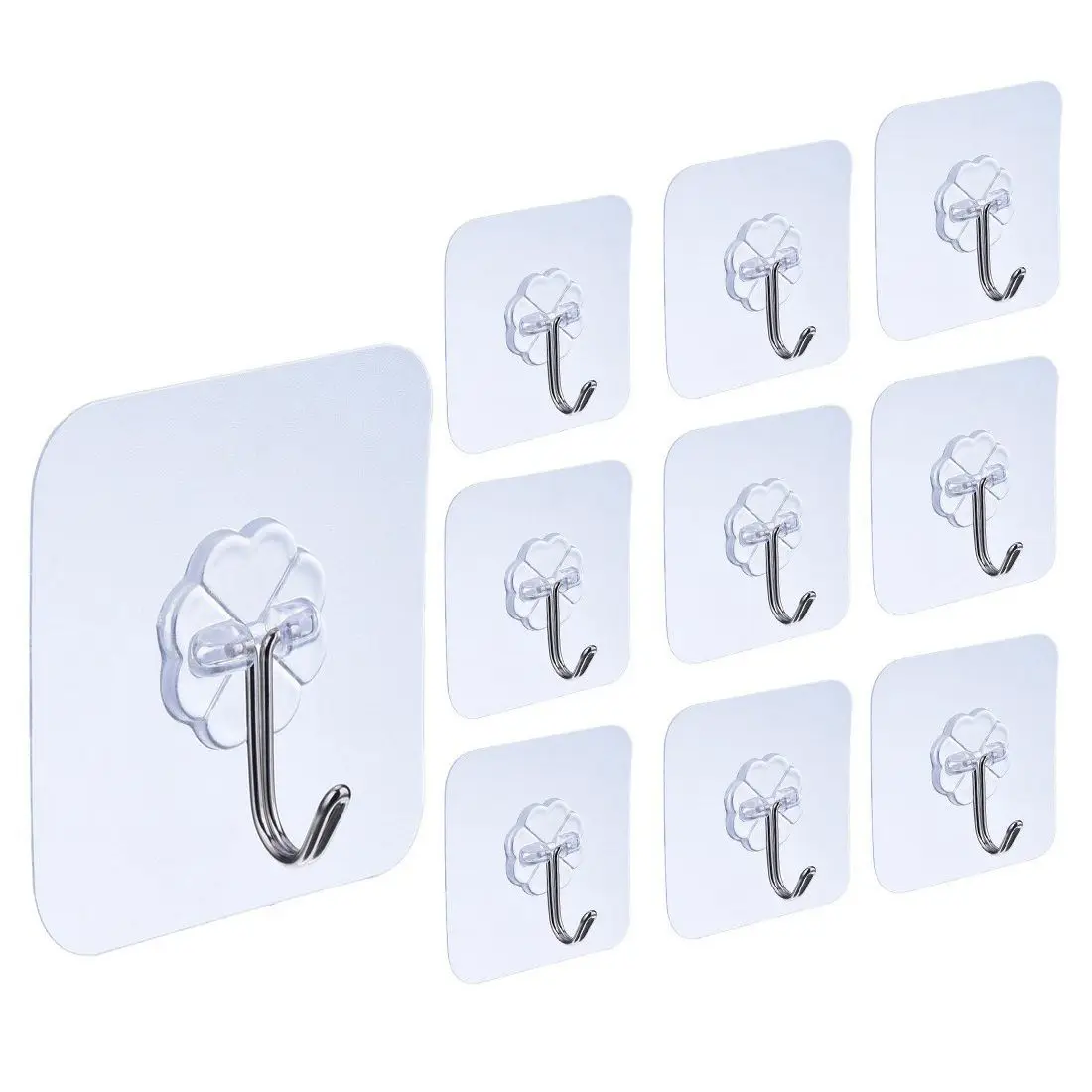 

10 Packs Reusable Adhesive Hooks,Transparent Heavy Duty Wall Hooks with No Scratch, Waterproof and Oilproof for Bathroom,