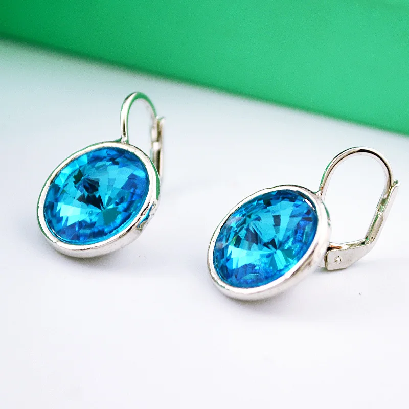 

Austria Crystal Earrings Luxury Sea Blue Purple Fashion Jewelry Elegant Alloy Metal Sexy Round Stud Earrings For Women Wedding