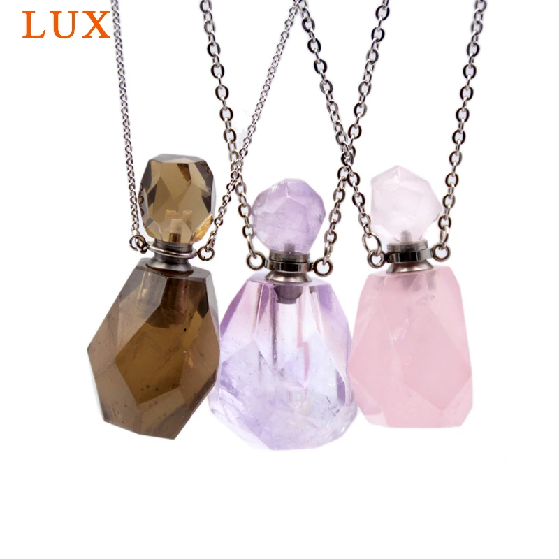 

Natural gem stone perfume bottle Pendant Necklace Rose Quartzs Amethysts Magical Medicine Bottle Essential Oils Diffuser Pendant