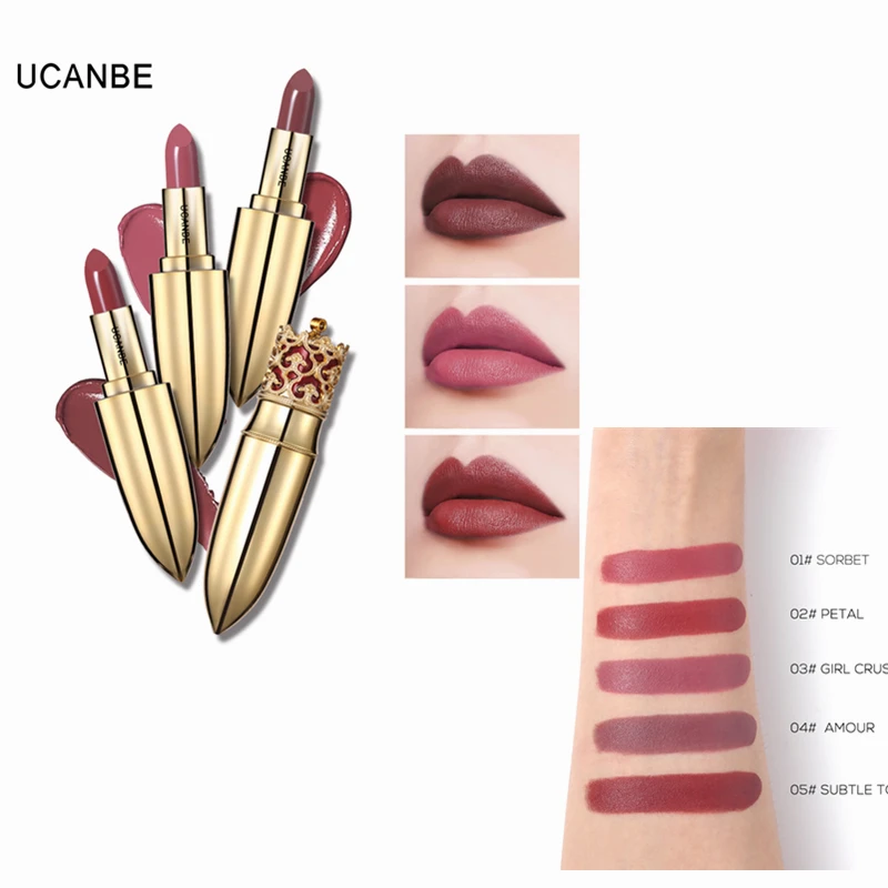 

UCANBE Nude Makeup Crown Matte Lipstick Luxury Gold Lasting Waterproof Lip Tint Pigment Velvet Lipgloss Cosmetic maquiagem TSLM1