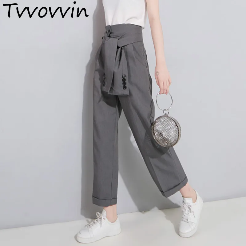 

TVVOVVIN 2019 New Fashion Summer Casual Slim Bow Button Ankle-Length Pants For Women Trousers High Waist Women AS503