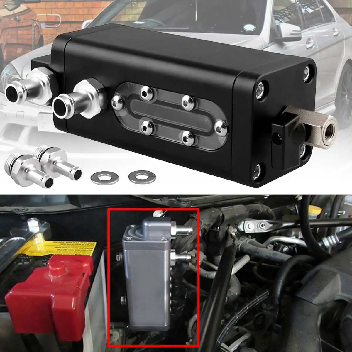 

M8 x 1.25 Car Universal Baffled Oil Catch Tank Can 2-Port 6061-T6 Aluminum Exhaust Gas Fuel Tanks Can For Benz For BMW For VW