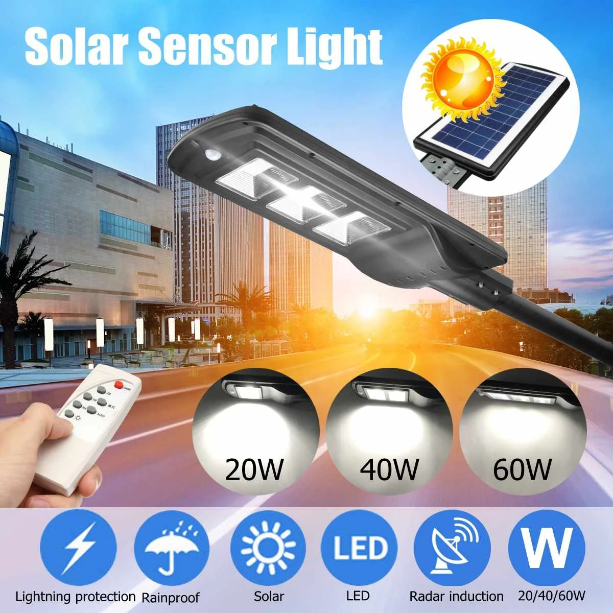 

60/40/20W PIR Motion Solar Sensor LED Wall Street Light Lighting Waterproof Remote Control Lamp for Outdoor Garden Courtyard