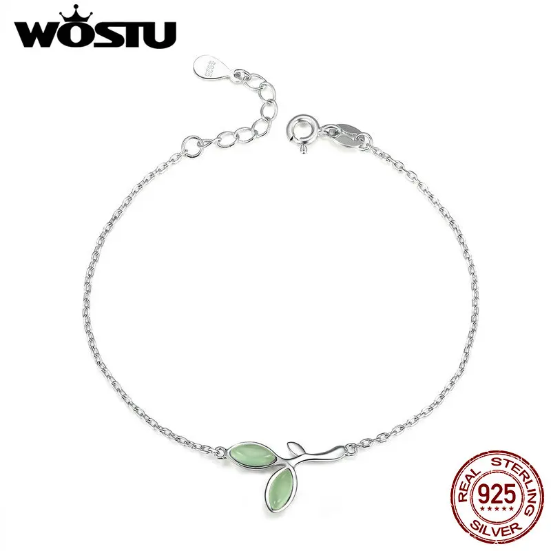 

WOSTU New Arrival 925 Sterling Silver Geen Hope Bud Link Chain Bracelet For Women Fashion Bangle Jewelry Lover Gift CQB112