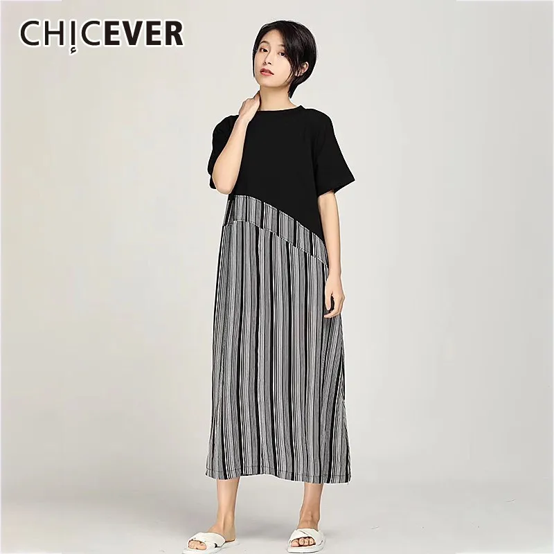 

CHICEVER Summer Patchwork Striped Dress For Women O Neck Short Loose Big Size Mid Calf Straight Female Dresses 2019 Fashion New
