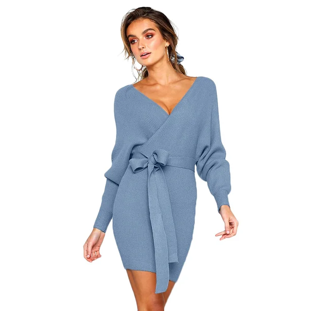 2019 Women Winter Vintage Bodycon Knitted Dress Elegant V neck Long