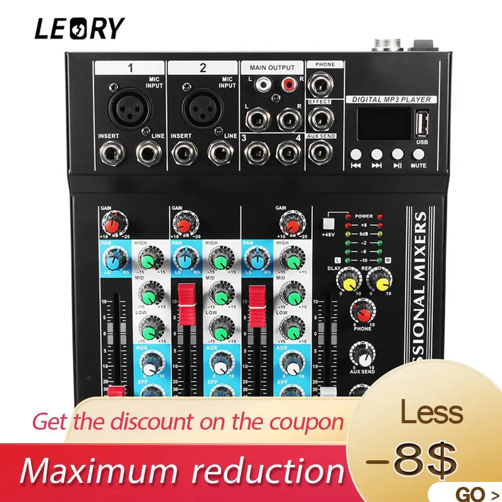 

LEORY Professional bluetooth 4 Channel Sound Mixing Amplifier Console Microphone Karaoke Audio Mixer 48V Phantom Power With USB
