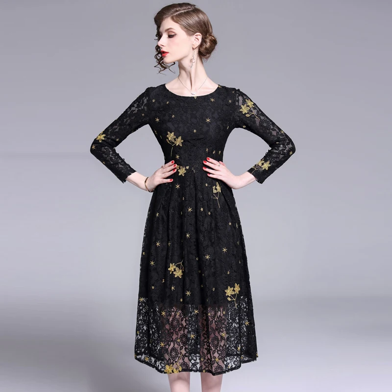 Banulin 2019 Spring Women Black Lace Dress High-End Ladies O-Neck stitching Runway Vintage Female Slim Sexy Party Dresses B6378 Banulin 2019 Spring Women Black Lace Dress High-End Ladies O-Neck stitching Runway Vintage Female Slim Sexy Party Dresses B6378