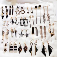 Trendy Designer Black Multi-layer Triangle Earrings Long Tassel Drop Dangle Earrings Long Statement Drop Earrings Women Jewelry gray black long stripe cloth drop earrings